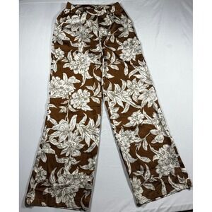 En Saison Brown Floral Wide Leg Pants High Rise Satin Trousers Size Medium